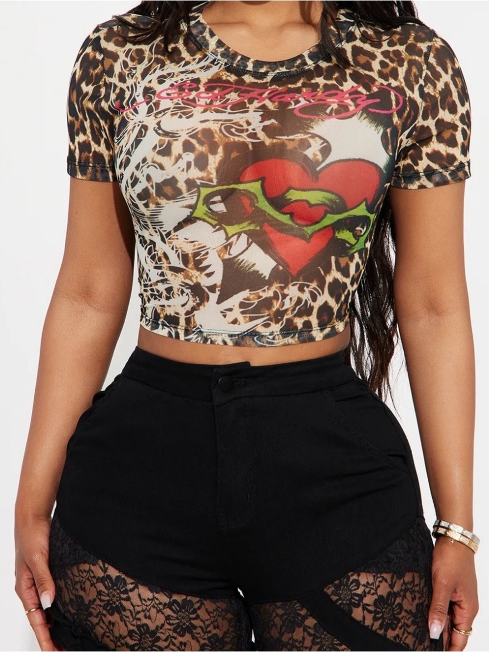 Ed Hardy Leopard Print Tee with Pink and Red Accents